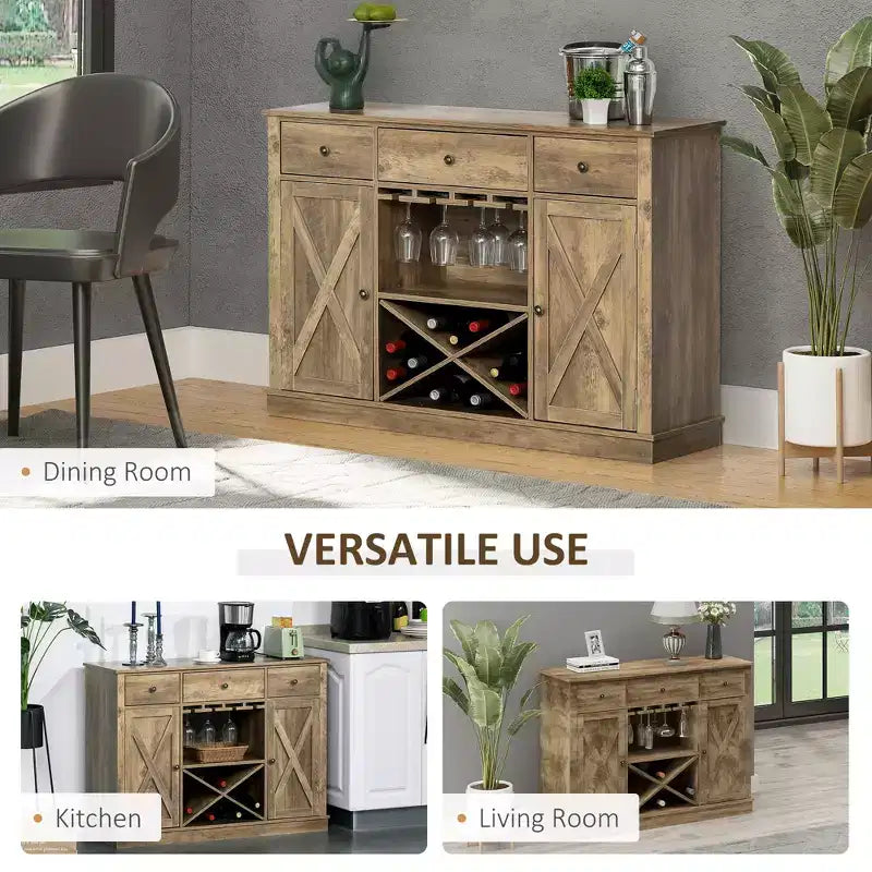 HOMCOM Madia Credenza da Cucina Stile Rustico con Portabottiglie, Portabicchieri e 3 Cassetti