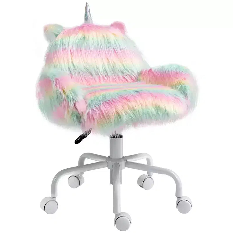 HOMCOM Fluffy Unicorn Office Chair with Mid-Back and Armrest Support, 5 Star Swivel Wheel White Base, Rainbow