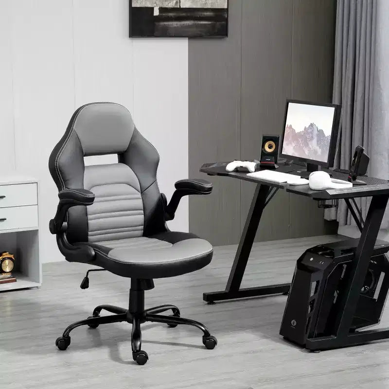 Sedia da gaming ergonomica Vinsetto, sedia da computer stile racing, sedia da ufficio direzionale con similpelle PU, funzione basculante, ruote girevoli, nero/grigio