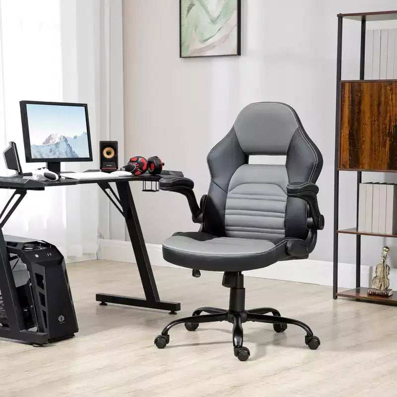 Sedia da gaming ergonomica Vinsetto, sedia da computer stile racing, sedia da ufficio direzionale con similpelle PU, funzione basculante, ruote girevoli, nero/grigio