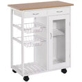 HOMCOM 28 Rolling Kitchen Trolley Serving Cart Storage Cabinet Bamboo Top with Wire Basket & Door Cabinet & Drawers, White
