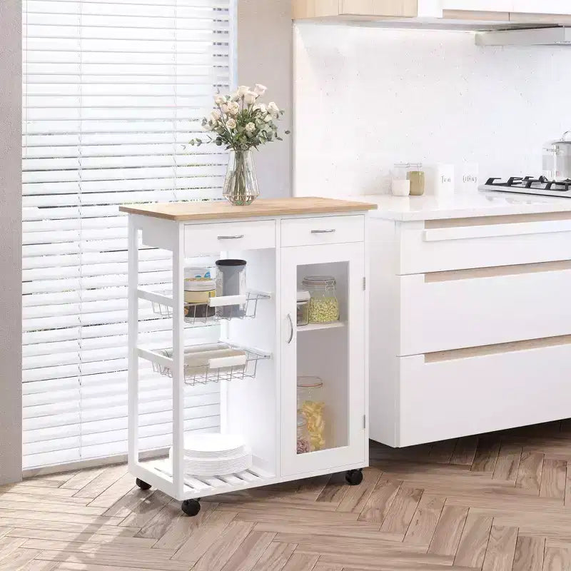 HOMCOM Carrello da Cucina su Ruote, Carrello Portavivande con Top in Bambù, Cestello in Filo e Armadietto con Ante e Cassetti, Bianco