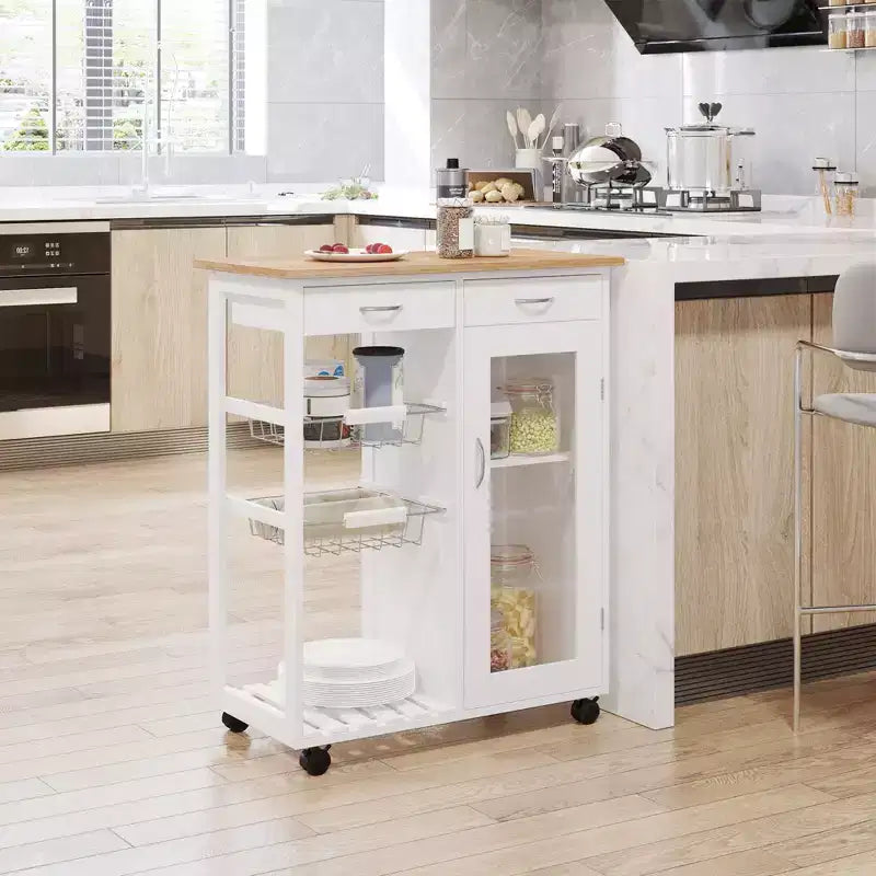 HOMCOM Carrello da Cucina su Ruote, Carrello Portavivande con Top in Bambù, Cestello in Filo e Armadietto con Ante e Cassetti, Bianco