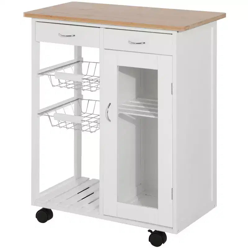 HOMCOM Carrello da Cucina su Ruote, Carrello Portavivande con Top in Bambù, Cestello in Filo e Armadietto con Ante e Cassetti, Bianco
