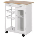 HOMCOM Carrello da Cucina su Ruote, Carrello Portavivande con Top in Bambù, Cestello in Filo e Armadietto con Ante e Cassetti, Bianco