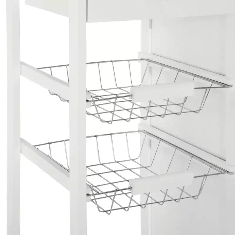 HOMCOM Carrello da Cucina su Ruote, Carrello Portavivande con Top in Bambù, Cestello in Filo e Armadietto con Ante e Cassetti, Bianco