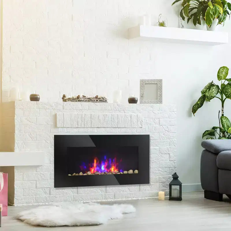 HOMCOM 28.5 Camino Elettrico da Parete 1500W con Effetto Fiamma, 7 Colori di Illuminazione e Luce Laterale