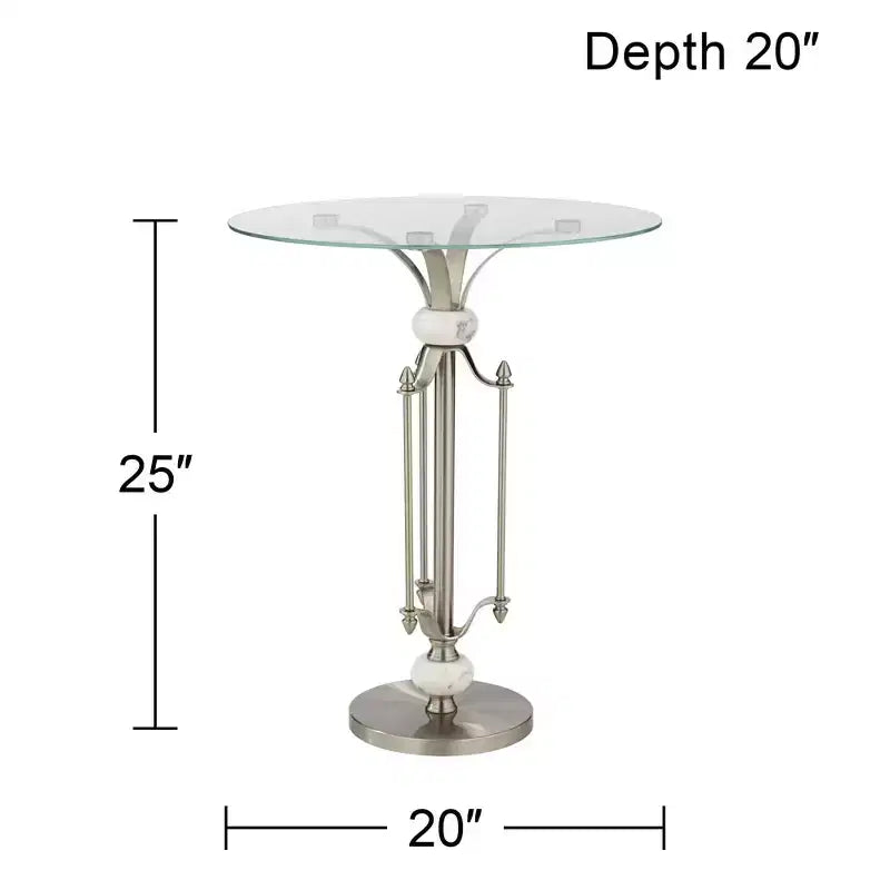 Studio 55D Tavolino d'Appoggio Moderno Rotondo in Metallo Monique, 50,8 cm di Larghezza, Nichel Spazzolato, Vassoio in Vetro Trasparente, Dettagli in Marmo, per Soggiorno, Camera da Letto, Comodino, Ingresso