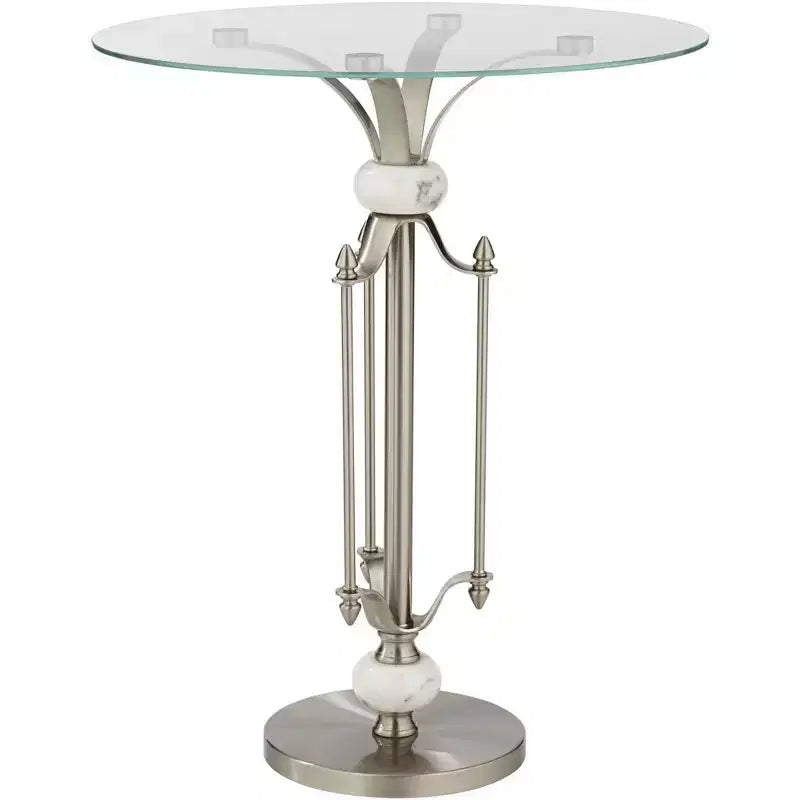 Studio 55D Tavolino d'Appoggio Moderno Rotondo in Metallo Monique, 50,8 cm di Larghezza, Nichel Spazzolato, Vassoio in Vetro Trasparente, Dettagli in Marmo, per Soggiorno, Camera da Letto, Comodino, Ingresso