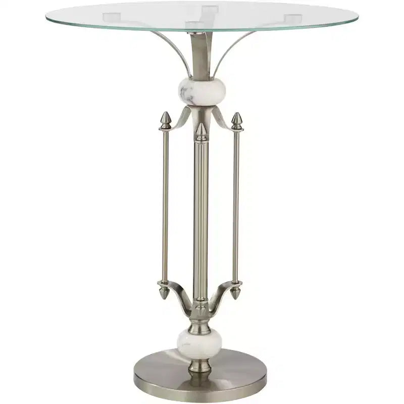 Studio 55D Tavolino d'Appoggio Moderno Rotondo in Metallo Monique, 50,8 cm di Larghezza, Nichel Spazzolato, Vassoio in Vetro Trasparente, Dettagli in Marmo, per Soggiorno, Camera da Letto, Comodino, Ingresso