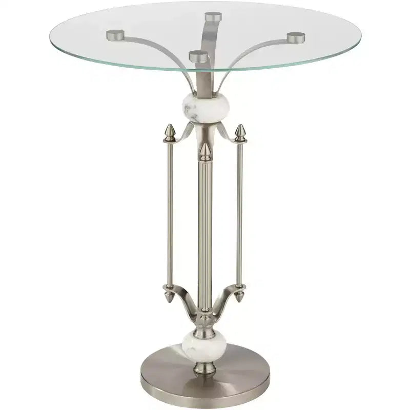Studio 55D Tavolino d'Appoggio Moderno Rotondo in Metallo Monique, 50,8 cm di Larghezza, Nichel Spazzolato, Vassoio in Vetro Trasparente, Dettagli in Marmo, per Soggiorno, Camera da Letto, Comodino, Ingresso