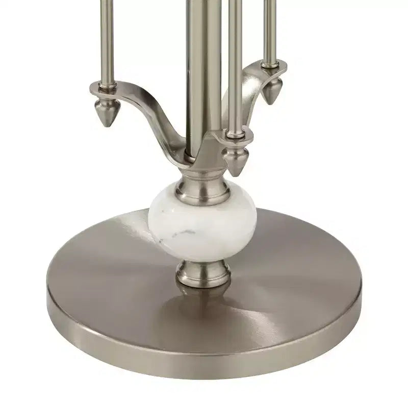Studio 55D Tavolino d'Appoggio Moderno Rotondo in Metallo Monique, 50,8 cm di Larghezza, Nichel Spazzolato, Vassoio in Vetro Trasparente, Dettagli in Marmo, per Soggiorno, Camera da Letto, Comodino, Ingresso