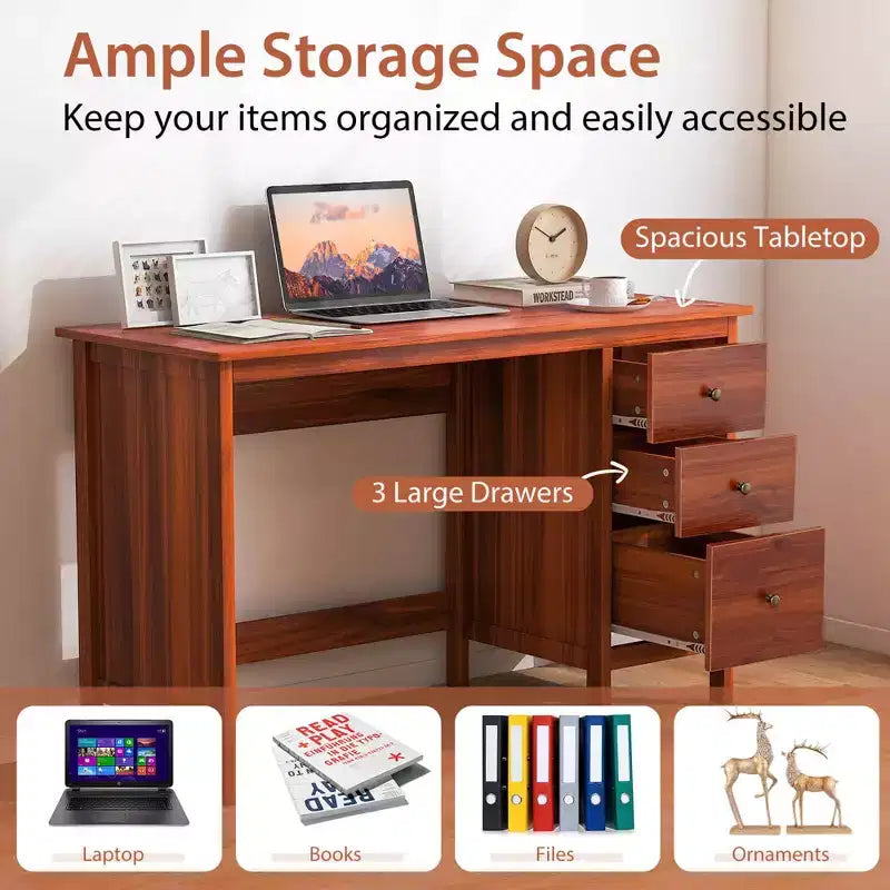 Scrivania per Computer Costway con 3 Cassetti, Workstation per Ufficio, Studio e Casa, Bianco/Nero/Marrone