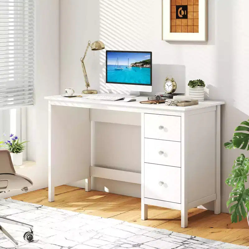 Scrivania per Computer Costway con 3 Cassetti, Workstation per Ufficio, Studio e Casa, Bianco/Nero/Marrone