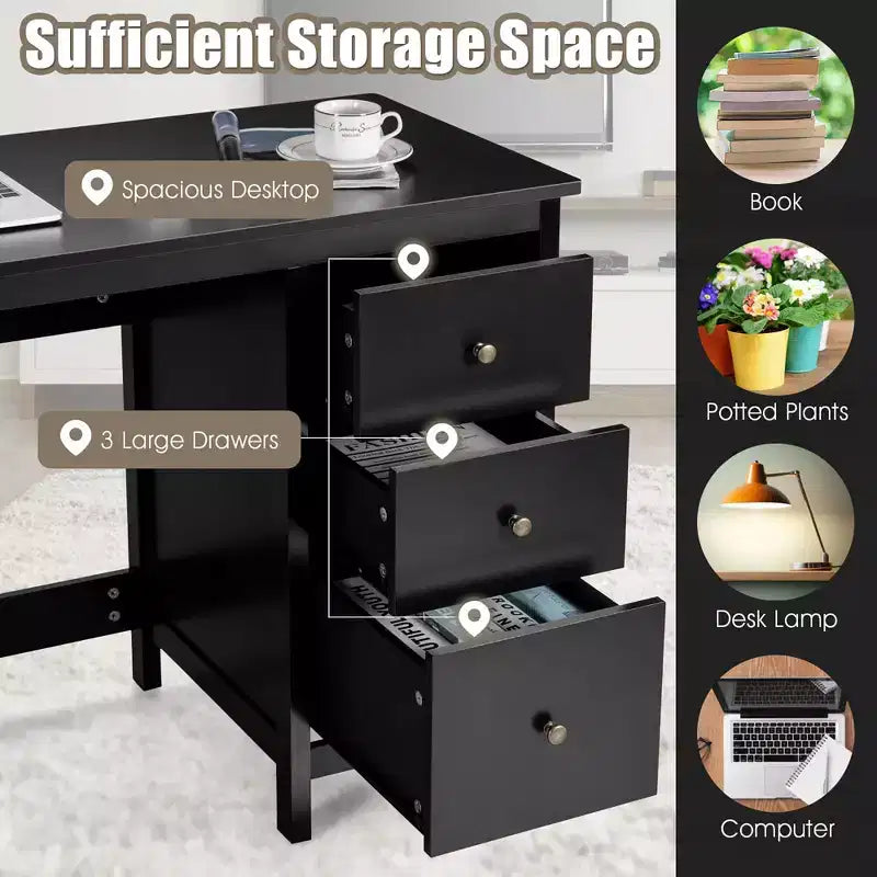 Scrivania per Computer Costway con 3 Cassetti, Workstation per Ufficio, Studio e Casa, Bianco/Nero/Marrone