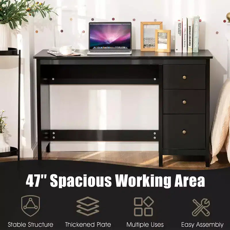Scrivania per Computer Costway con 3 Cassetti, Workstation per Ufficio, Studio e Casa, Bianco/Nero/Marrone
