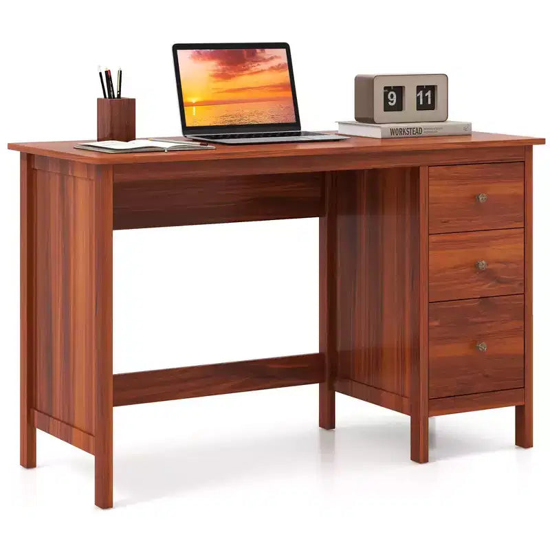Scrivania per Computer Costway con 3 Cassetti, Workstation per Ufficio, Studio e Casa, Bianco/Nero/Marrone