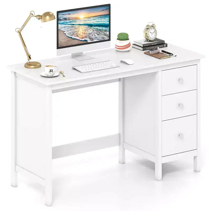 Scrivania per Computer Costway con 3 Cassetti, Workstation per Ufficio, Studio e Casa, Bianco/Nero/Marrone