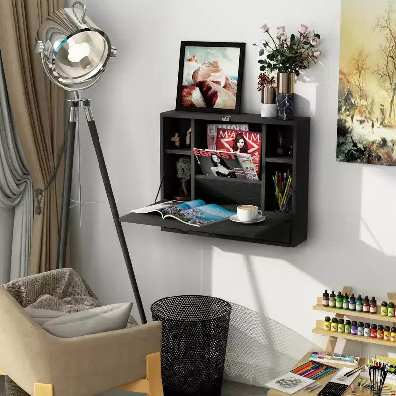 HOMCOM Scrivania a Muro con Mensole, Scrittoio Pieghevole Salvaspazio per Computer e Studio