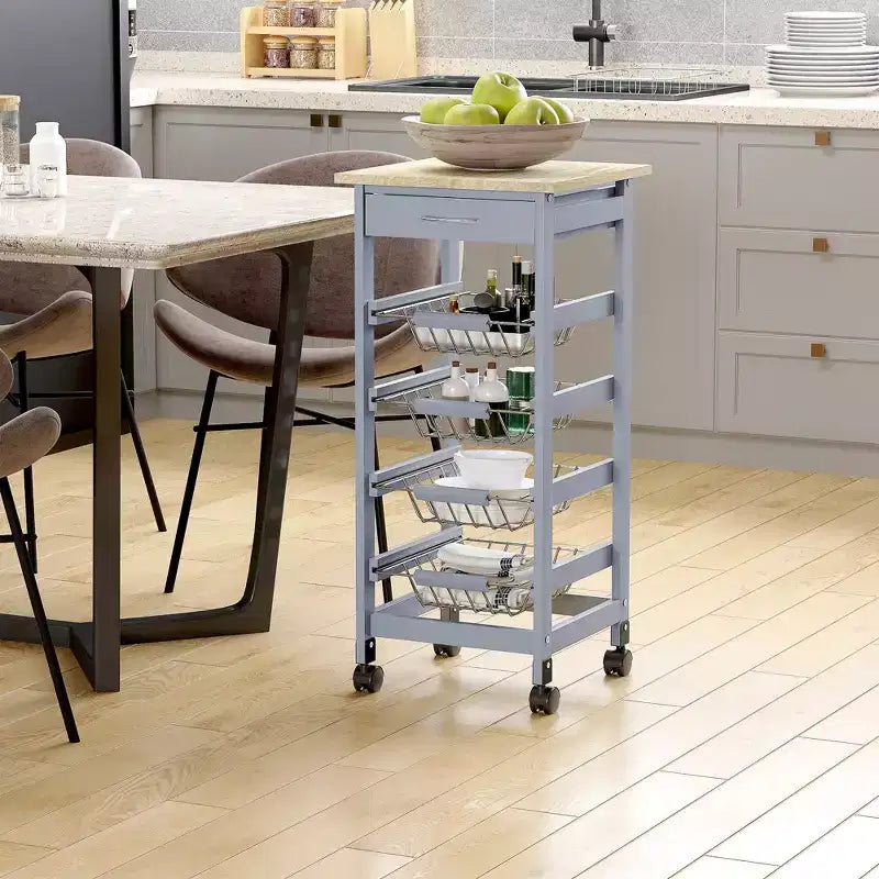 HOMCOM Carrello Cucina in Legno con Ruote, Carrello da Cucina con Cassetto e Cesti Portaoggetti, 82x39.5x86 cm