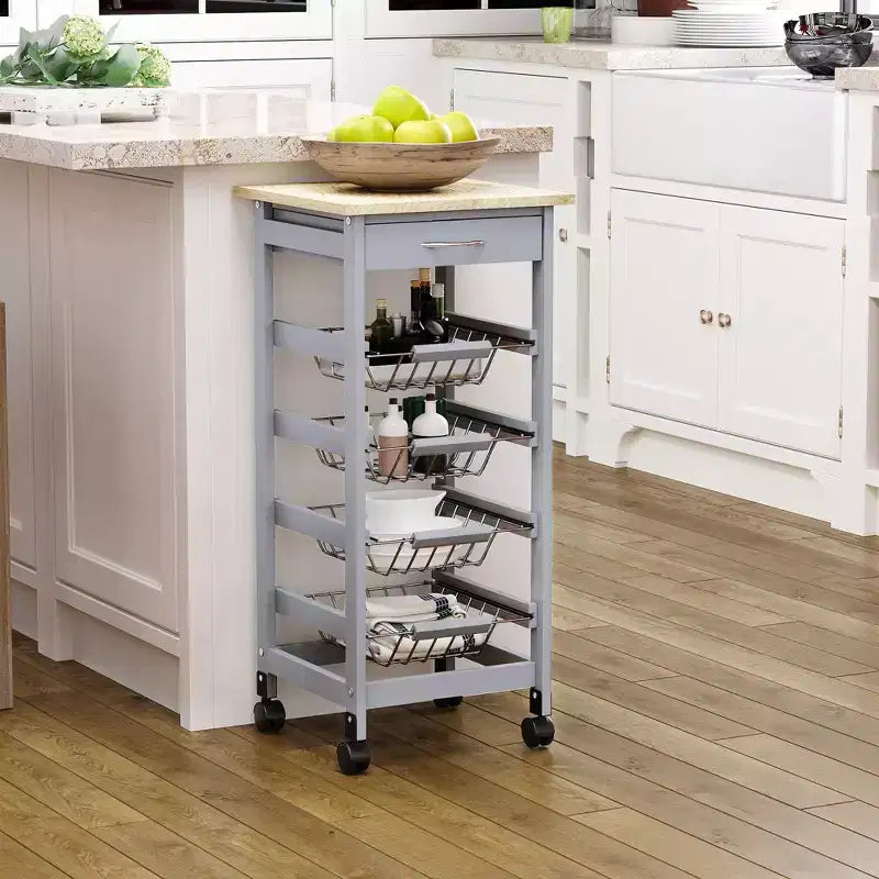 HOMCOM Carrello Cucina in Legno con Ruote, Carrello da Cucina con Cassetto e Cesti Portaoggetti, 82x39.5x86 cm