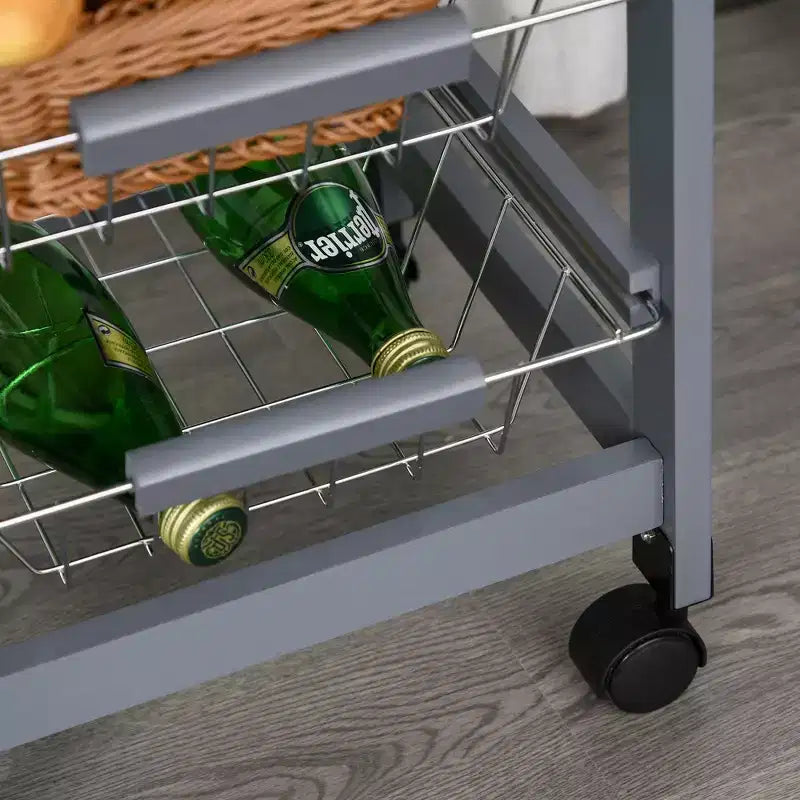 HOMCOM Carrello Cucina in Legno con Ruote, Carrello da Cucina con Cassetto e Cesti Portaoggetti, 82x39.5x86 cm