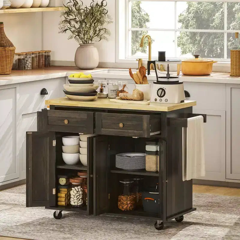 HOMCOM Isola Carrello da Cucina su Ruote con Piano in Legno di Gomma, Porta Spezie, Porta Asciugamani e Cassetti per Sala da Pranzo