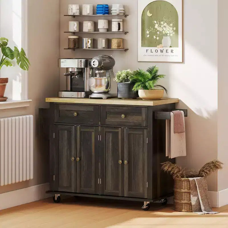 HOMCOM Isola Carrello da Cucina su Ruote con Piano in Legno di Gomma, Porta Spezie, Porta Asciugamani e Cassetti per Sala da Pranzo