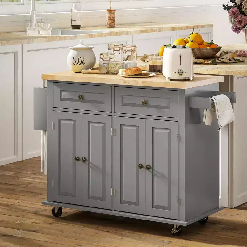 HOMCOM Isola Carrello da Cucina su Ruote con Piano in Legno di Gomma, Porta Spezie, Porta Asciugamani e Cassetti per Sala da Pranzo