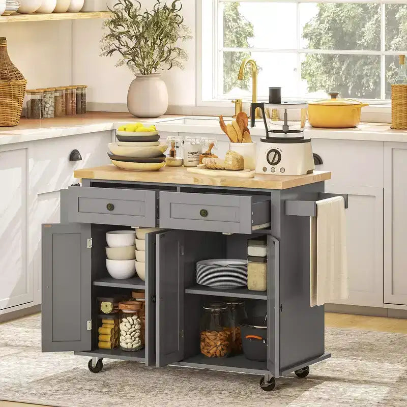 HOMCOM Isola Carrello da Cucina su Ruote con Piano in Legno di Gomma, Porta Spezie, Porta Asciugamani e Cassetti per Sala da Pranzo