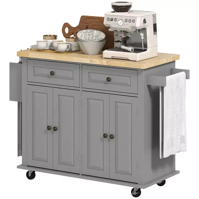HOMCOM Isola Carrello da Cucina su Ruote con Piano in Legno di Gomma, Porta Spezie, Porta Asciugamani e Cassetti per Sala da Pranzo