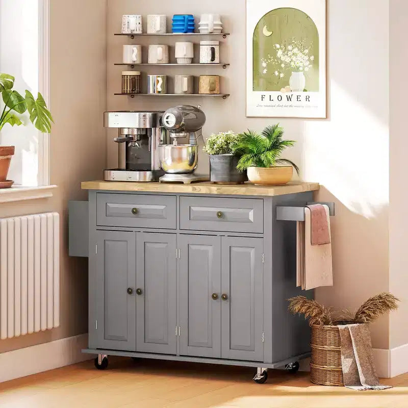 HOMCOM Isola Carrello da Cucina su Ruote con Piano in Legno di Gomma, Porta Spezie, Porta Asciugamani e Cassetti per Sala da Pranzo