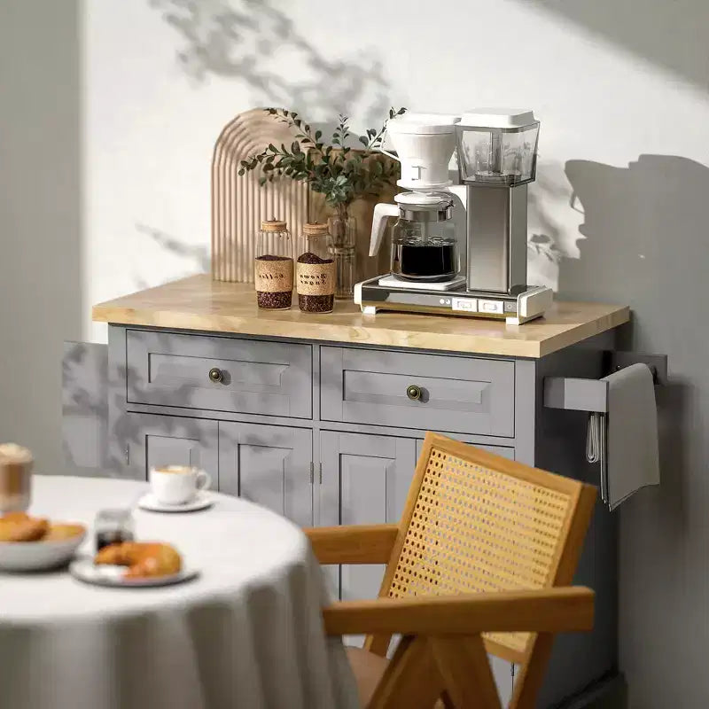HOMCOM Isola Carrello da Cucina su Ruote con Piano in Legno di Gomma, Porta Spezie, Porta Asciugamani e Cassetti per Sala da Pranzo