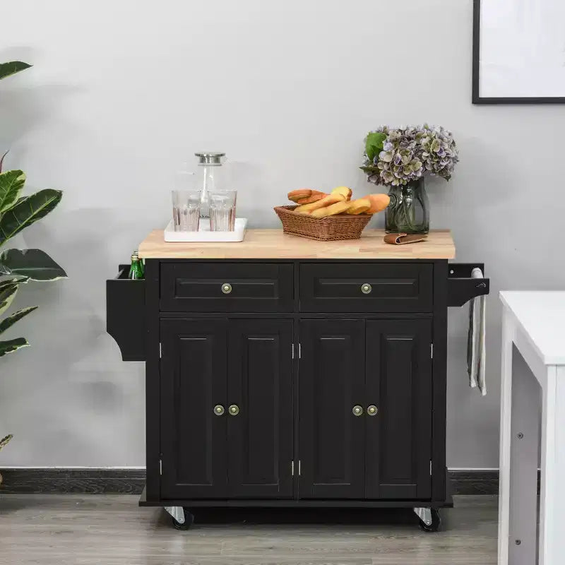 HOMCOM Isola Carrello da Cucina su Ruote con Piano in Legno di Gomma, Porta Spezie, Porta Asciugamani e Cassetti per Sala da Pranzo