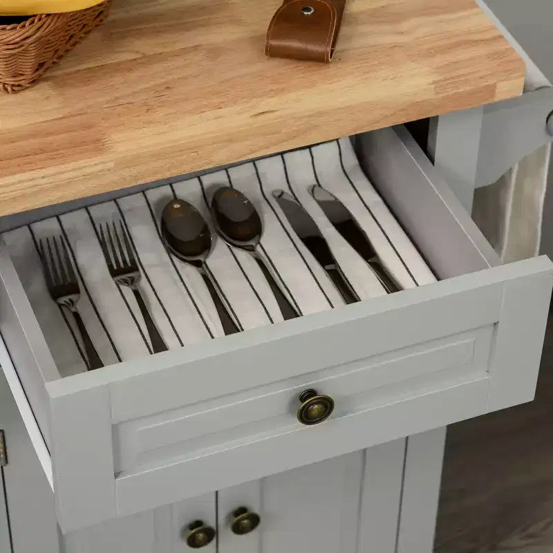 HOMCOM Isola Carrello da Cucina su Ruote con Piano in Legno di Gomma, Porta Spezie, Porta Asciugamani e Cassetti per Sala da Pranzo