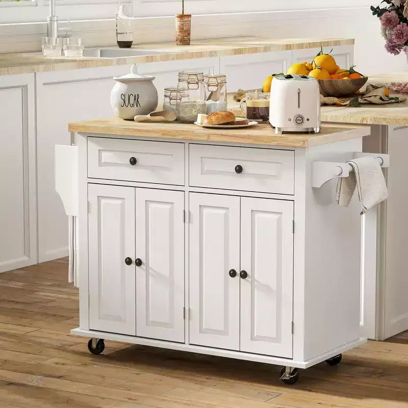 HOMCOM Isola Carrello da Cucina su Ruote con Piano in Legno di Gomma, Porta Spezie, Porta Asciugamani e Cassetti per Sala da Pranzo