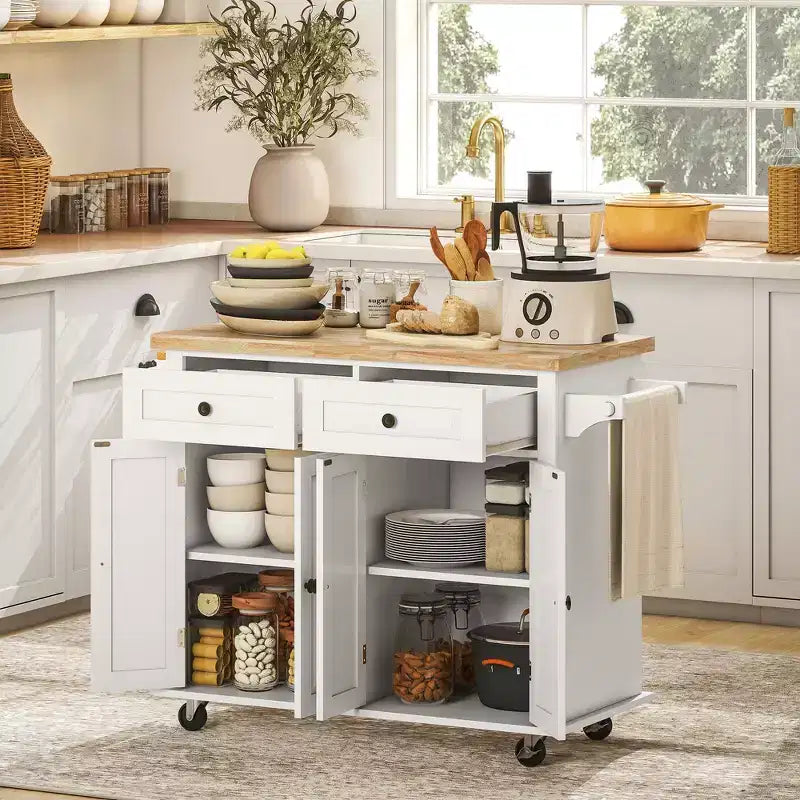HOMCOM Isola Carrello da Cucina su Ruote con Piano in Legno di Gomma, Porta Spezie, Porta Asciugamani e Cassetti per Sala da Pranzo