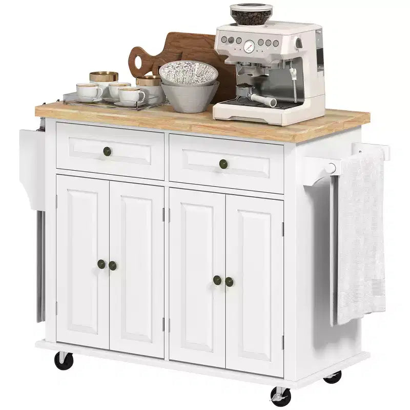 HOMCOM Isola Carrello da Cucina su Ruote con Piano in Legno di Gomma, Porta Spezie, Porta Asciugamani e Cassetti per Sala da Pranzo