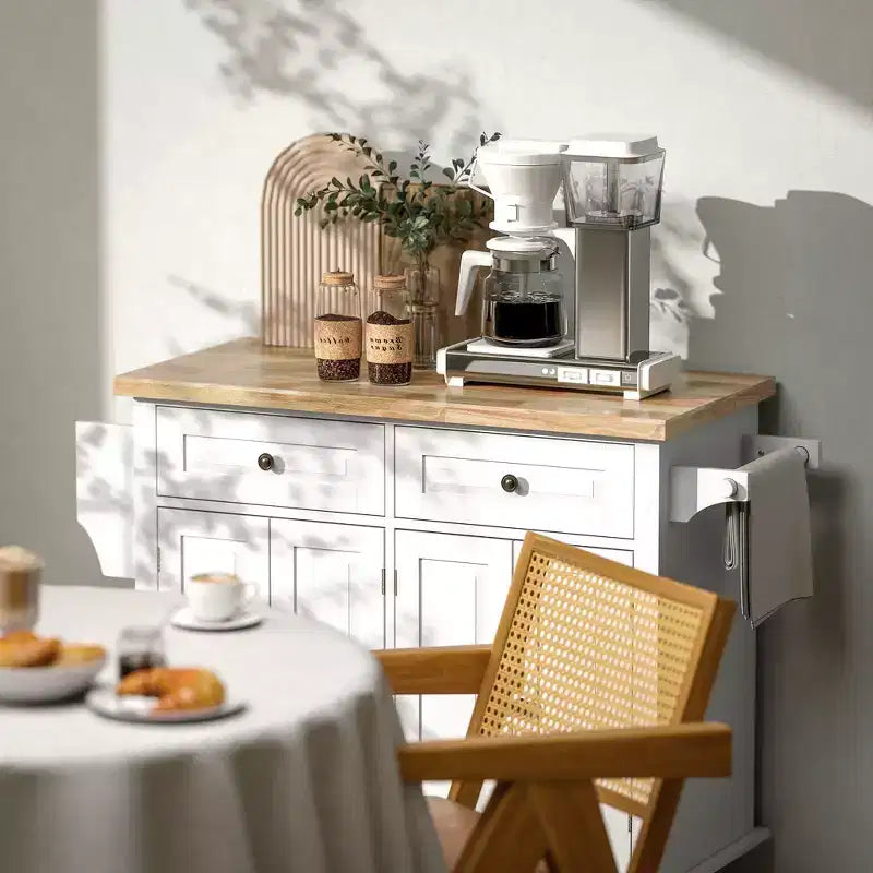 HOMCOM Isola Carrello da Cucina su Ruote con Piano in Legno di Gomma, Porta Spezie, Porta Asciugamani e Cassetti per Sala da Pranzo