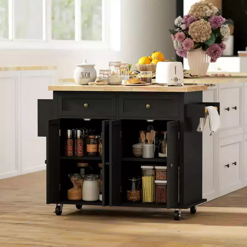 HOMCOM Isola Carrello da Cucina su Ruote con Piano in Legno di Gomma, Porta Spezie, Porta Asciugamani e Cassetti per Sala da Pranzo