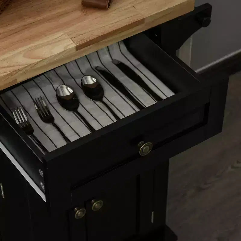 HOMCOM Isola Carrello da Cucina su Ruote con Piano in Legno di Gomma, Porta Spezie, Porta Asciugamani e Cassetti per Sala da Pranzo