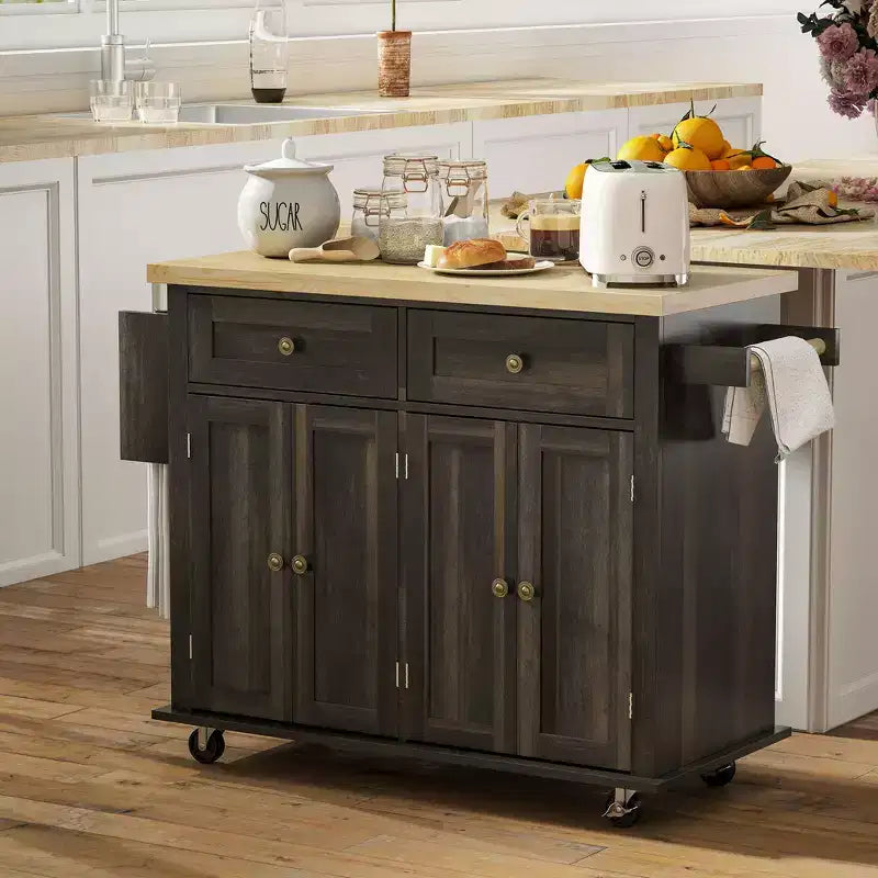HOMCOM Isola Carrello da Cucina su Ruote con Piano in Legno di Gomma, Porta Spezie, Porta Asciugamani e Cassetti per Sala da Pranzo