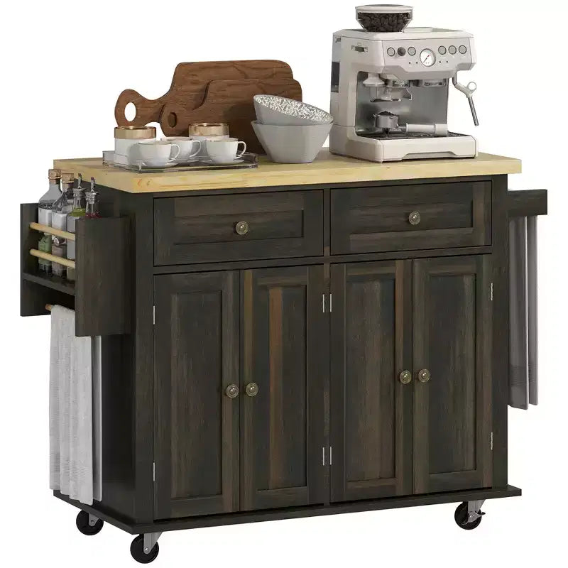 HOMCOM Isola Carrello da Cucina su Ruote con Piano in Legno di Gomma, Porta Spezie, Porta Asciugamani e Cassetti per Sala da Pranzo