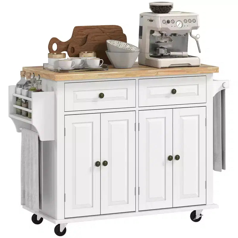 HOMCOM Isola Carrello da Cucina su Ruote con Piano in Legno di Gomma, Porta Spezie, Porta Asciugamani e Cassetti per Sala da Pranzo