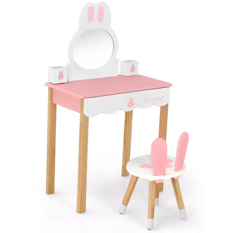 Costway Set Toeletta Bambini con Specchio e Sgabello, Tavolo da Trucco Coniglietto per Bambini, Bianco/Rosa