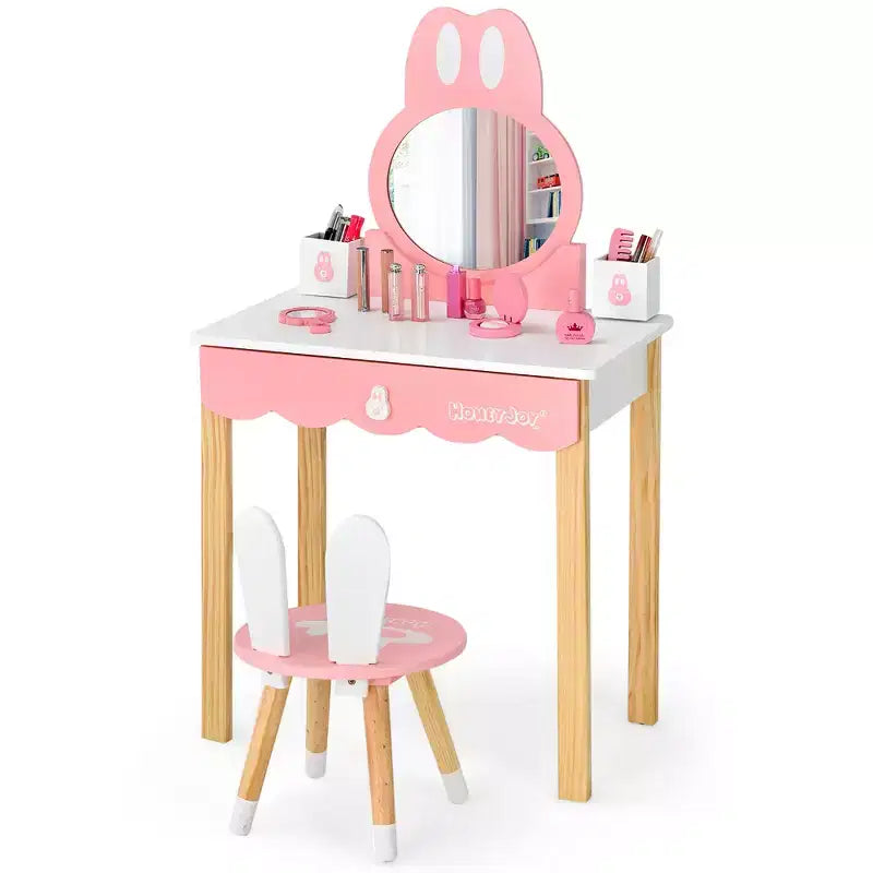 Costway Set Toeletta Bambini con Specchio e Sgabello, Tavolo da Trucco Coniglietto per Bambini, Bianco/Rosa