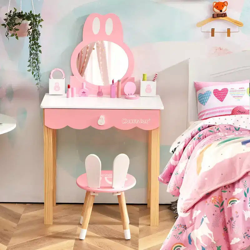 Costway Set Toeletta Bambini con Specchio e Sgabello, Tavolo da Trucco Coniglietto per Bambini, Bianco/Rosa