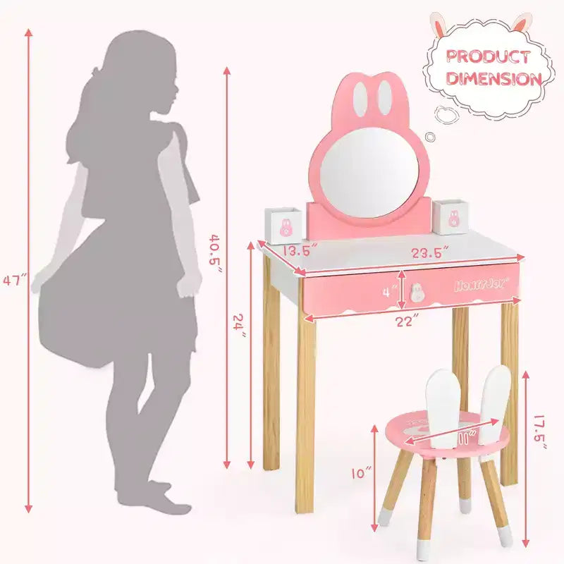 Costway Set Toeletta Bambini con Specchio e Sgabello, Tavolo da Trucco Coniglietto per Bambini, Bianco/Rosa