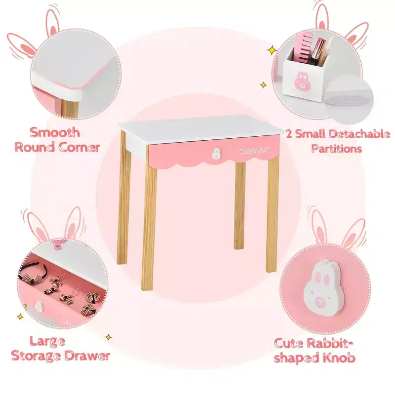 Costway Set Toeletta Bambini con Specchio e Sgabello, Tavolo da Trucco Coniglietto per Bambini, Bianco/Rosa