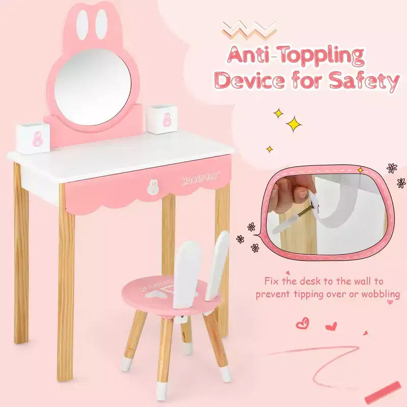 Costway Set Toeletta Bambini con Specchio e Sgabello, Tavolo da Trucco Coniglietto per Bambini, Bianco/Rosa